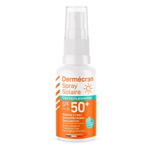 Dermécran – Spray solaire très haute protection SPF 50+ Océan Friendly, sans parfum, sans colorant, sans conservateurs controversés- Flacon 50 ml