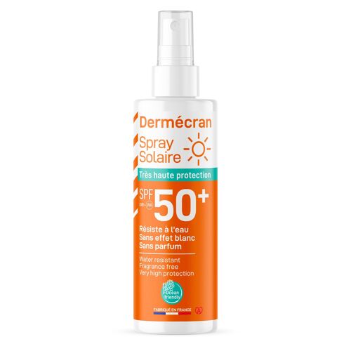 Dermécran – Spray solaire très haute protection SPF 50+ Océan Friendly, sans parfum, sans colorant, sans conservateurs controversés - Flacon 200 ml