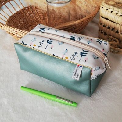 Blue imitation leather and cotton pencil case forest bird