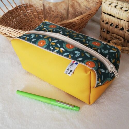 Trousse scolaire simili cuir jaune et coton lion