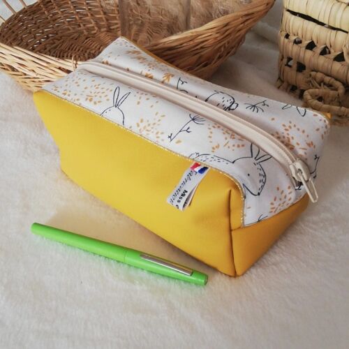 Trousse scolaire simili cuir jaune et coton lapin