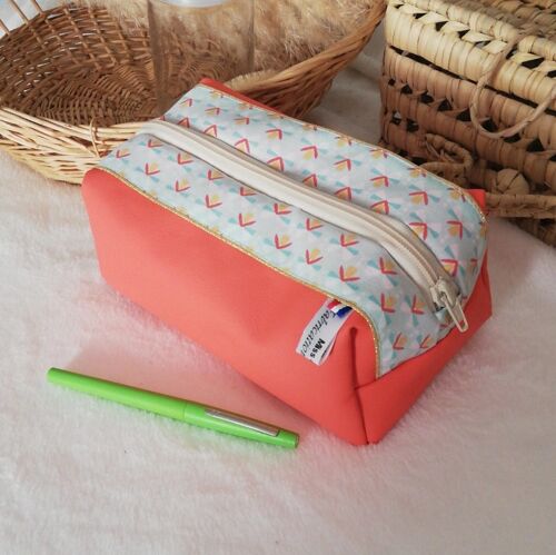 Trousse scolaire simili cuir orange et coton nénuphar