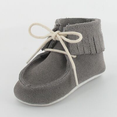 Fringed Leather Baby Booties - Gray