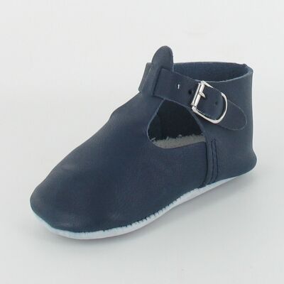 T-bar leather baby slippers with buckle - Navy