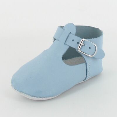 T-bar leather baby slippers with buckle - Sky blue