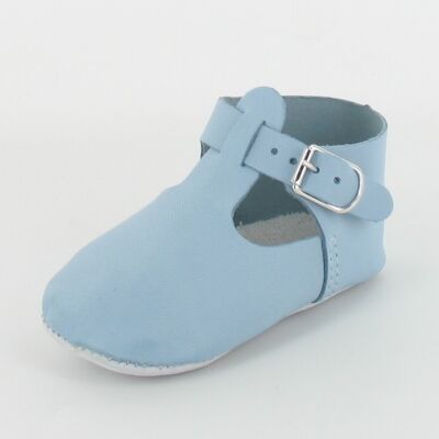 Babypantoffeln aus Leder mit T-Riegel und Schnalle - Himmelblau