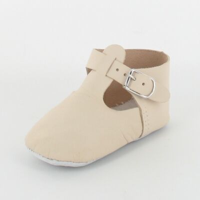 T-bar leather baby slippers with buckle - Beige