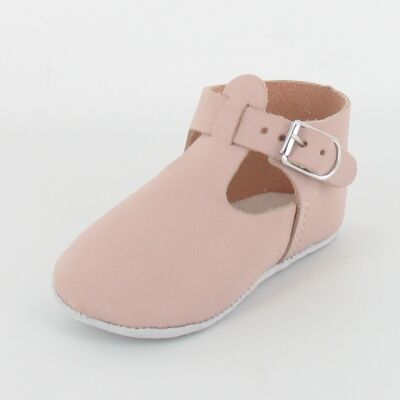 T-bar leather baby slippers with buckle - Pink