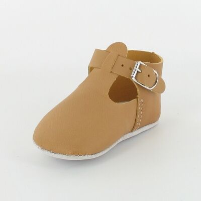 Babypantoffeln aus Leder mit T-Steg und Schnalle - Camel