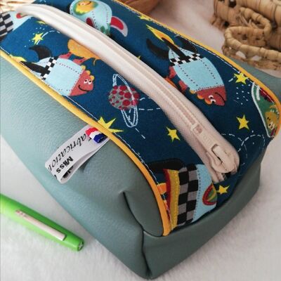 Gray faux leather and cotton pencil case dinosaur rockets