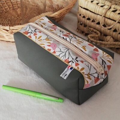 School pencil case gray faux leather and cotton bird head