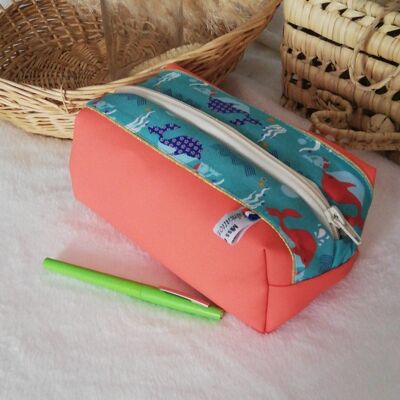 School pencil case in orange faux leather and whale cotton