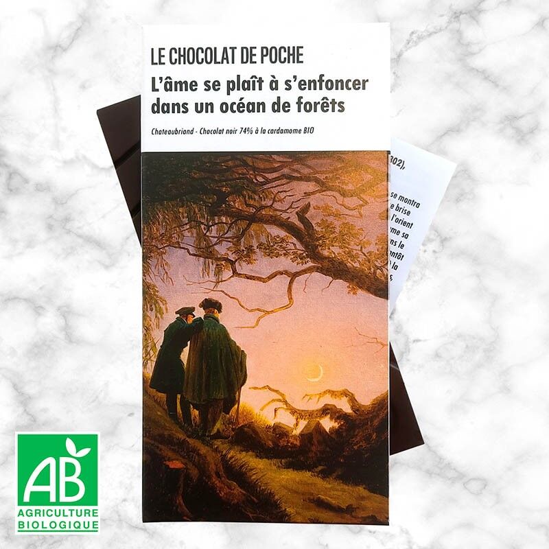 Tableta de chocolate negro 74% con cardamomo BIO - Al alma le gusta sumergirse en un océano de bosques