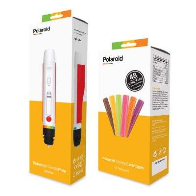 Pacchetto vantaggio Polaroid 3D-Pen Penna per stampante Candy Play e cartucce Polaroid Candy 48 gusti misti (8 fragola, arancia, limone, mela, uva, cola)