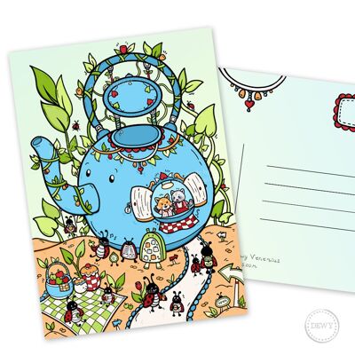 A5 greeting card with cheerful tea house and ladybugs