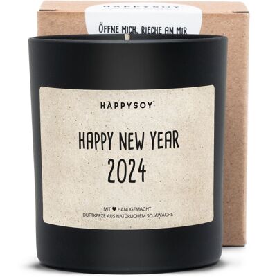 Duftkerze mit Spruch | Happy new year 2024 | Sojawachskerze in schwarzem Glas