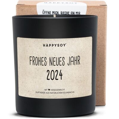 Scented candle with saying | Happy New Year 2024 | Soy wax candle in black glass