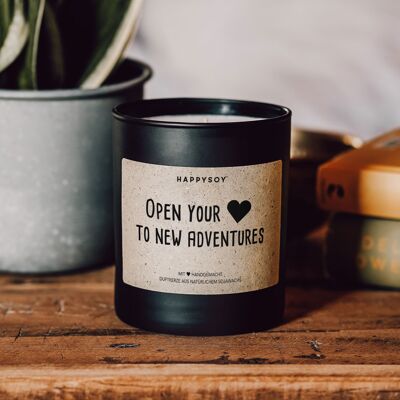 Scented candle with saying | Open your heart to new adventures | Soy wax candle in black glass
