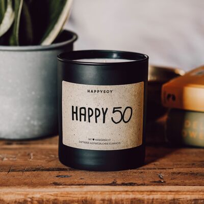 Bougie parfumée avec dicton | heureux 50 | Bougie cire de soja en verre noir
