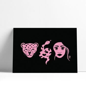 Affiche illustrée "Triade" noire et rose | tigre, visage, serpent