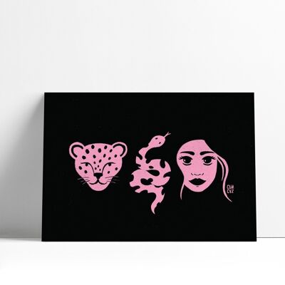 Poster illustrato nero e rosa "Triade" | tigre, faccia, serpente