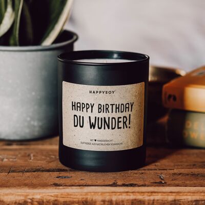 Duftkerze mit Spruch | Happy Birthday, du Wunder! | Sojawachskerze in schwarzem Glas