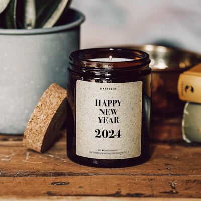 Scented candle with saying | Happy new year 2024 | Soy wax candle in a glass jar with a cork lid