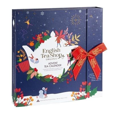 English Tea Shop - Teebuch Adventskalender mit Schleife "Christmas Night", 25 Boxen mit BIO-Tees in hochwertigen Pyramiden-Teebeuteln