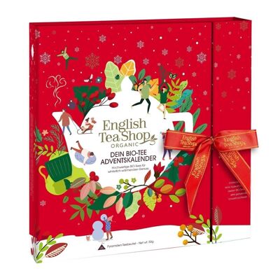 English Tea Shop - Calendario de adviento de libro de té premium con lazo "Red Christmas", 25 tés orgánicos en pirámides de té