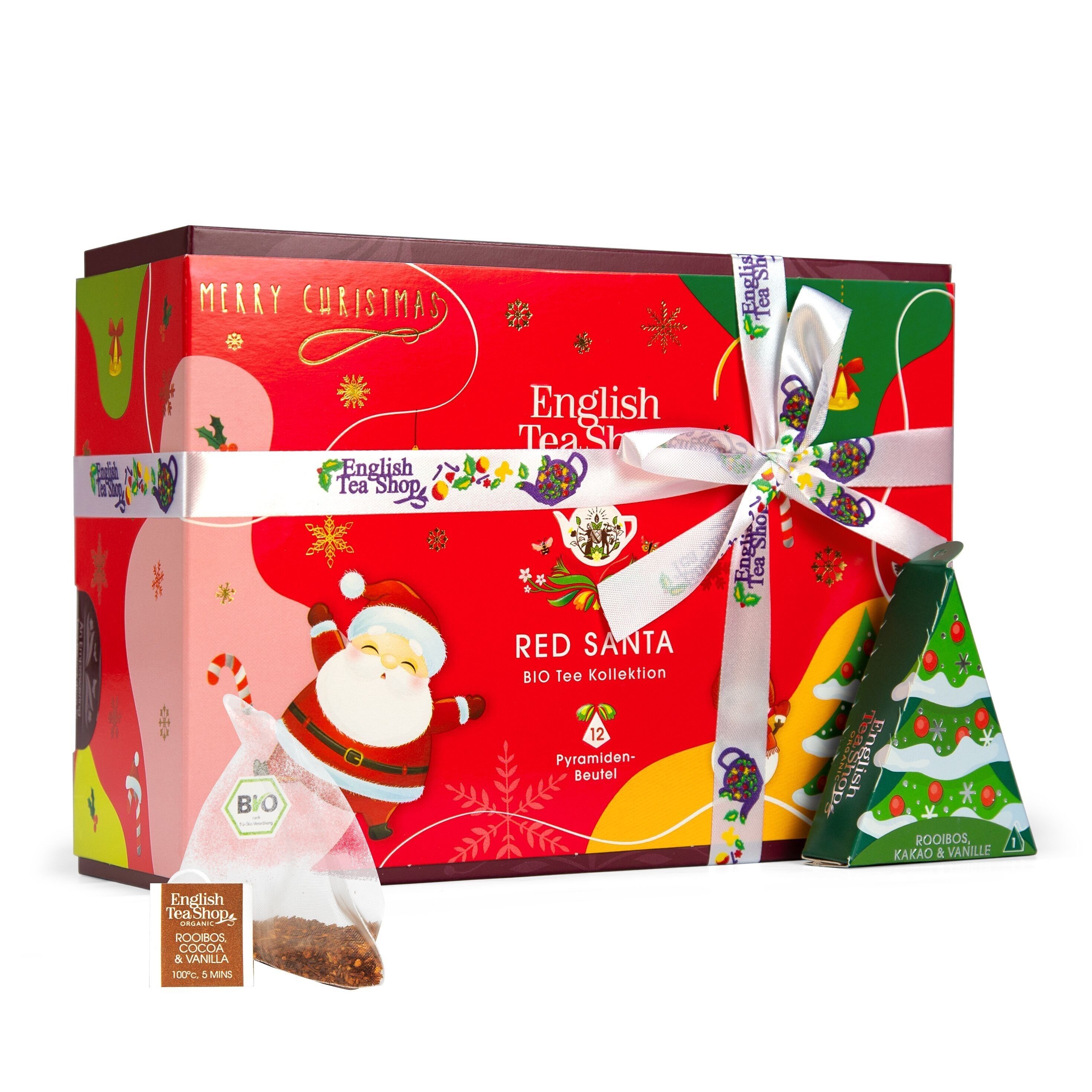 English Tea Shop - Teegeschenk mit Schleife "Red Santa Christmas", BIO, 12 Pyramiden-Beutel