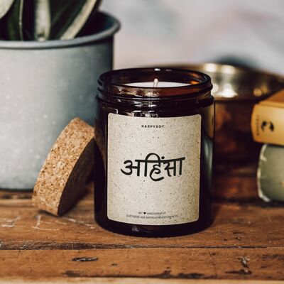Scented candle with saying | Sign: Ahimsa | Soy wax candle in a jar with a cork lid
