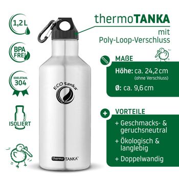 Bouteille thermos isolante en acier inoxydable thermoTANKA ™ de 1,2 l avec fermeture à boucle en poly 3