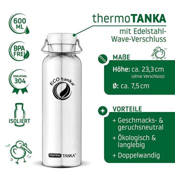 Bouteille thermos isolante en acier inoxydable thermoTANKA ™ de 0,6 l avec fermeture ondulée en acier inoxydable 3