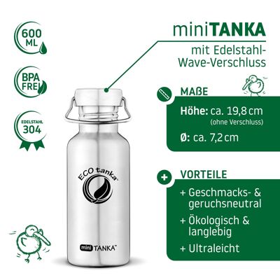0.6l miniTANKA ™ stainless steel drinking bottle with stainless steel wave cap - pink