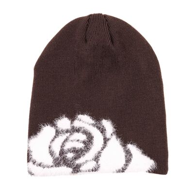 KNIT HAT WHITE ROSES BROWN