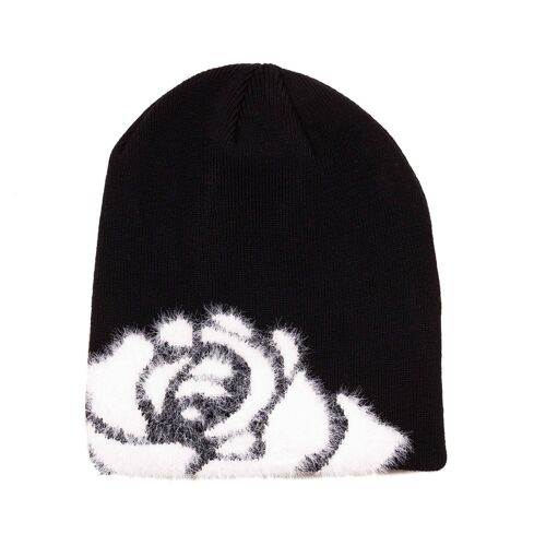 KNIT HAT WHITE ROSES BLACK