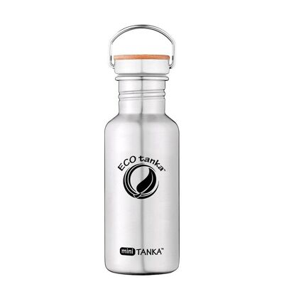 Botella para beber de acero inoxidable miniTANKA ™ de 0,6 l con cierre de bambú de acero inoxidable - aspecto de acero inoxidable