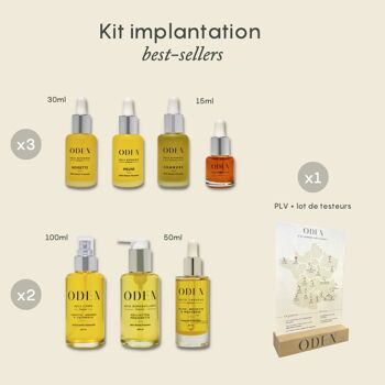 Kit d'implantation : Huiles Visages, Huile Démaquillante, Huile Corps, Huile Cheveux, PLV et testeurs 3