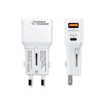 prio Fast Charge World Reiseladegerät 20W PD (USB C) + QC 3.0 (USB A) blanc
