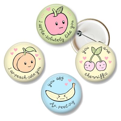 Button set with kawaii fruit buttons - apple, peach, banana and cherry