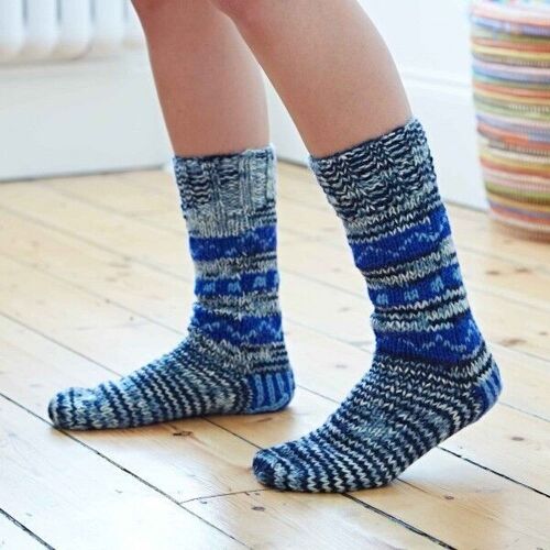 Handknitted Woollen Fuji Socks - Blue & Grey - SMALL