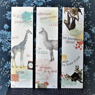Set of 3 "Haïku" bookmarks (Llama, Sloth and Giraffe)