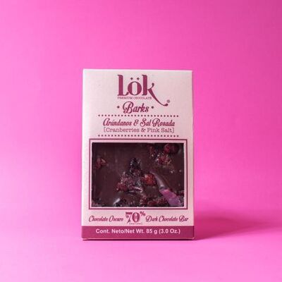 Corteccia di cioccolato 70% mirtilli rossi di cacao e sale rosa dell'Himalaya