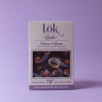 Chocolate con corteza 70% cacao physalis y plátano