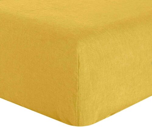 DRAP HOUSSE 180X200CM 100% LIN LAVÉ JAUNE LUMIÈRE