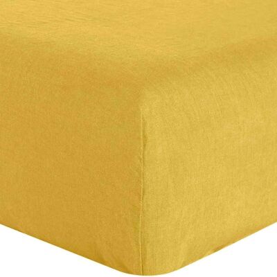 DRAP HOUSSE 180X200CM 100% LIN LAVÉ JAUNE LUMIÈRE