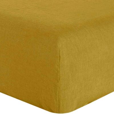 DRAP HOUSSE 180X200CM 100% LIN LAVÉ JAUNE CURRY