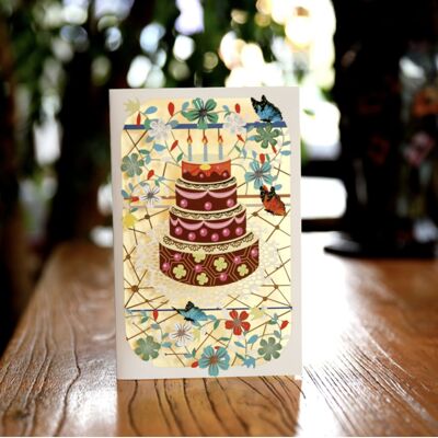 Birthday card with 3 layer birthday cake flowers and butterflies