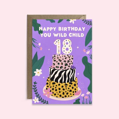 18a tarjeta de cumpleaños | Tarjeta de cumpleaños con estampado de leopardo para niños salvajes