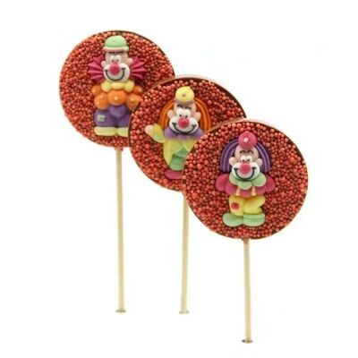 RUNDER MILCHSCHOKOLADEN-CLOWN-Lollipop 25g – Display mit 21 Lutschern